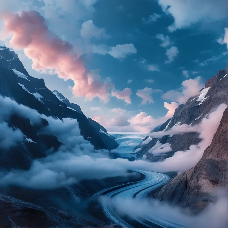 Winding glacial river cuts through steep snow-dusted mountain passes under pastel pink and blue clouded sky.