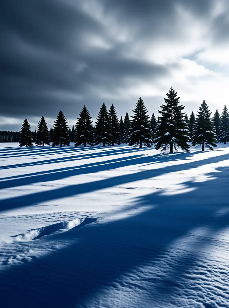 Evergreen trees covered in snow stand on a white field casting long dark shadows across the landscape under cloudy skies.