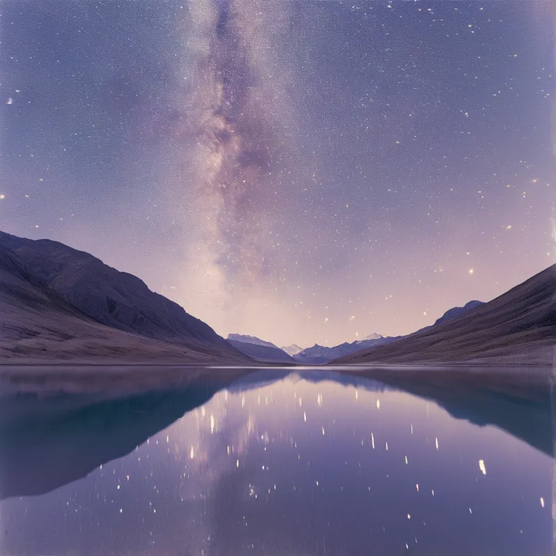 The Milky Way stretches across the purple night sky above a calm lake that mirrors the stars and mountains.