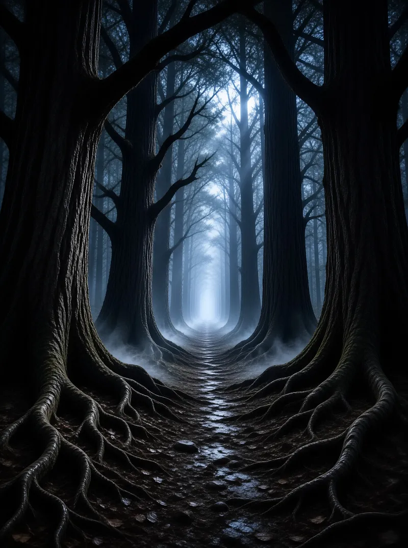 Enormous tree roots weave across the forest floor creating a tunnel effect under blue mist