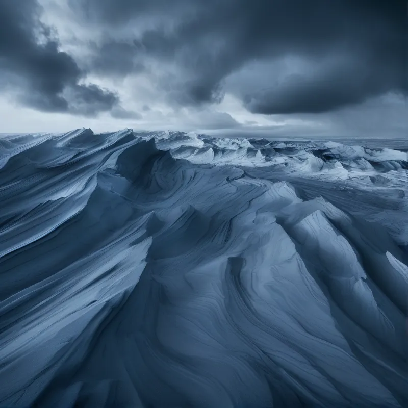Vast blue frozen terrain with flowing ridges stretches toward the horizon under a sky filled with heavy dark clouds.