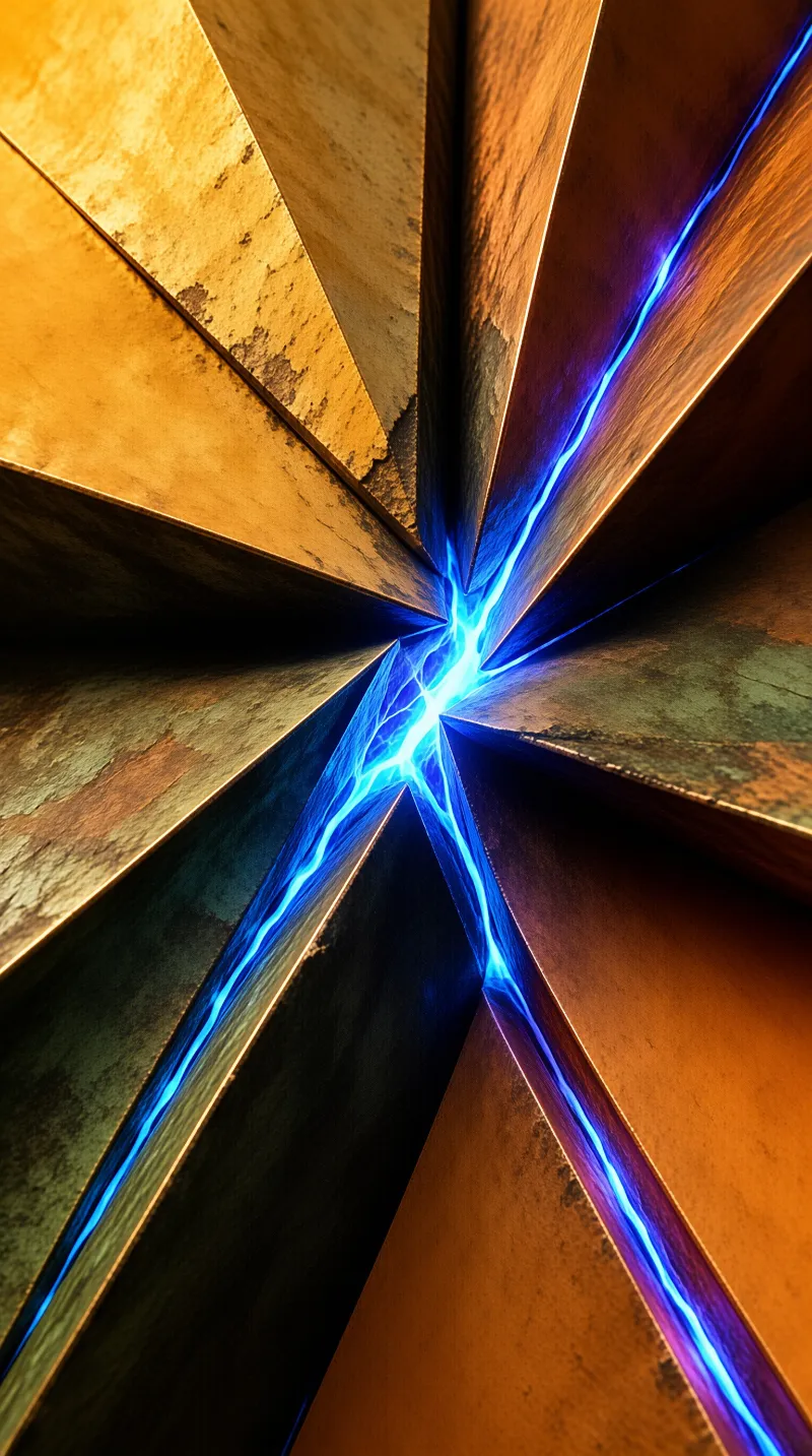 Weathered bronze panels radiate outward around a crackling seam of glowing blue plasma light.