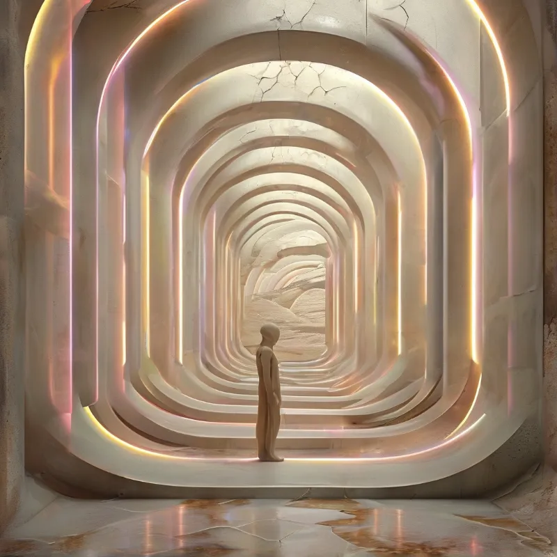 A pale humanoid figure stands centered within a tunnel of repeating arches illuminated by warm pastel neon strips.