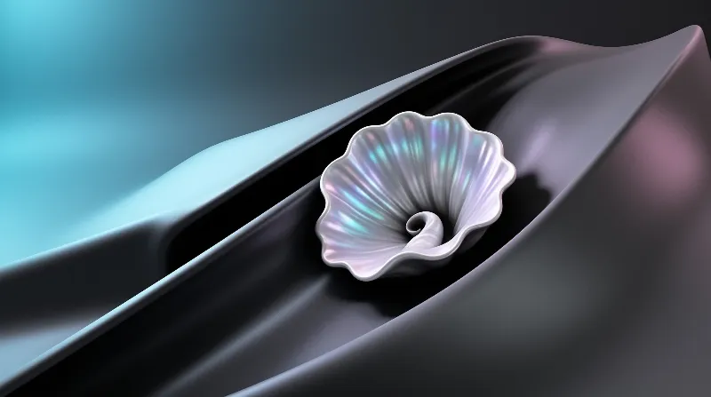 A pearly spiral seashell with rainbow shimmer sits on smooth dark fabric ridges under soft teal and pink light.