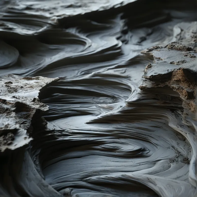 Thick grey fluid winds through a jagged rocky channel while soft light emphasizes the glossy ripples and earthy textures.