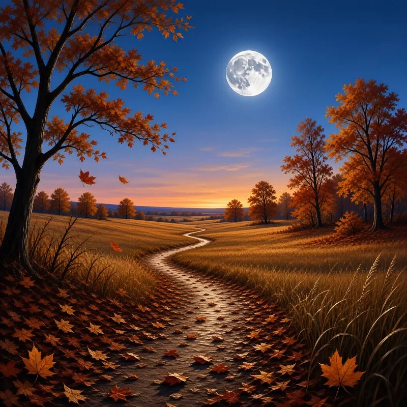 A narrow path winds across golden grass toward a glowing sunset horizon beneath a bright moon and orange trees