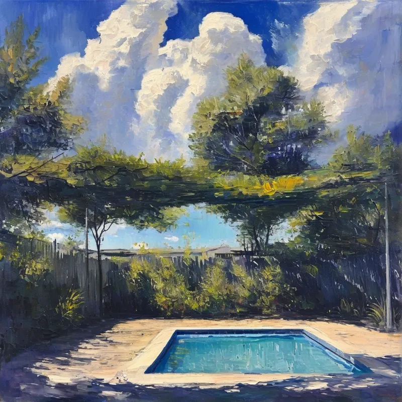 A backyard swimming pool rests under a leafy pergola, dappled sunlight spreads across the patio, and towering fluffy clouds fill the bright blue sky.