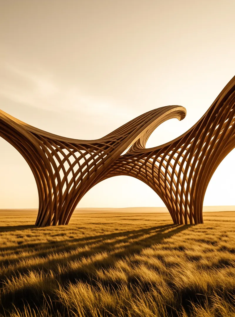 A large sculptural wooden framework stands in a wide field of yellow grass under a bright sky