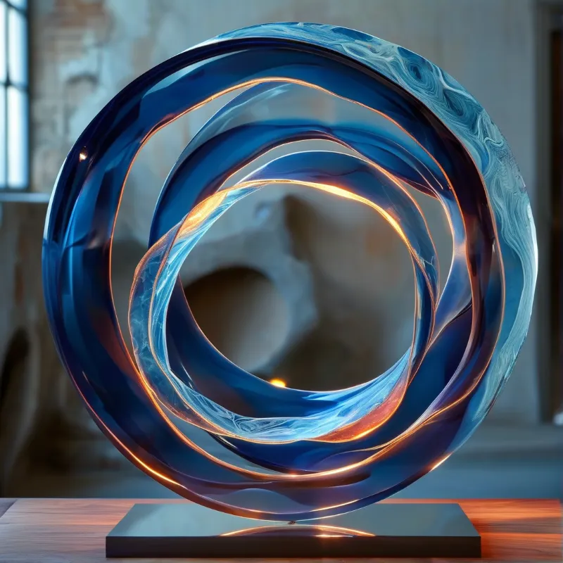 Swirling blue glass art piece on a dark base illuminated by warm orange light and window glare.