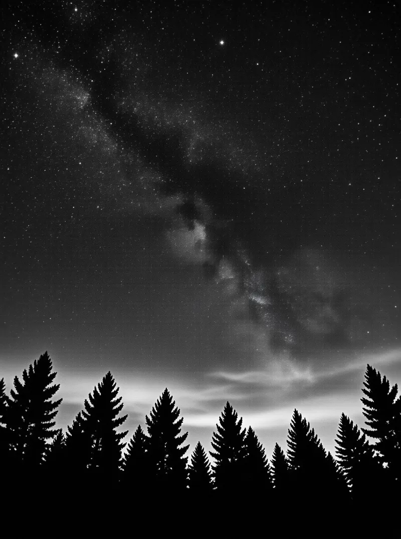 Monochrome view of the Milky Way and stars shining brightly above a silhouette of tall pine trees
