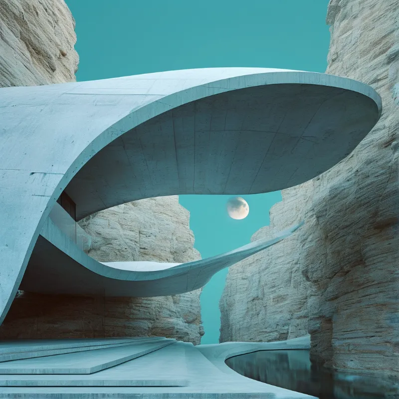 A sweeping white concrete shell arcs between sandstone cliffs above a still pool under a pale full moon.