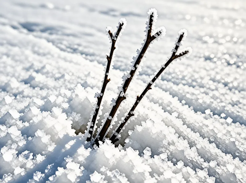Three slender brown twigs rise vertically out of a glittering expanse of packed frozen ice crystals.