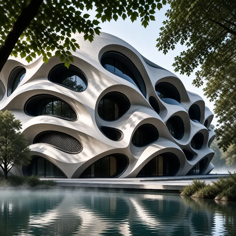 Rounded dark openings punctuate a sculpted pale concrete shell that mirrors in the still water below leafy branches.