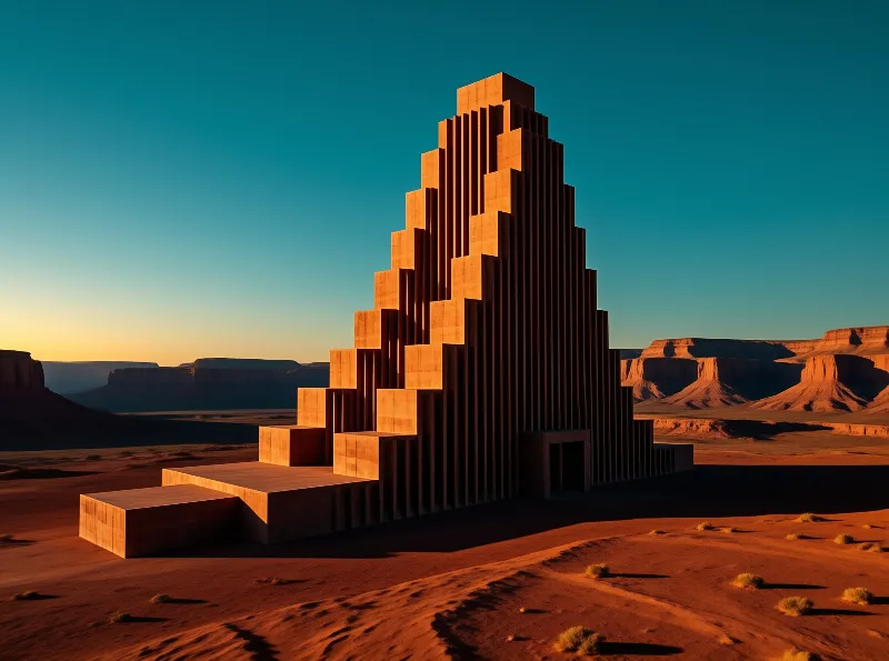 A tall geometric edifice composed of vertical slabs rises from the red desert floor under a warm orange sky.