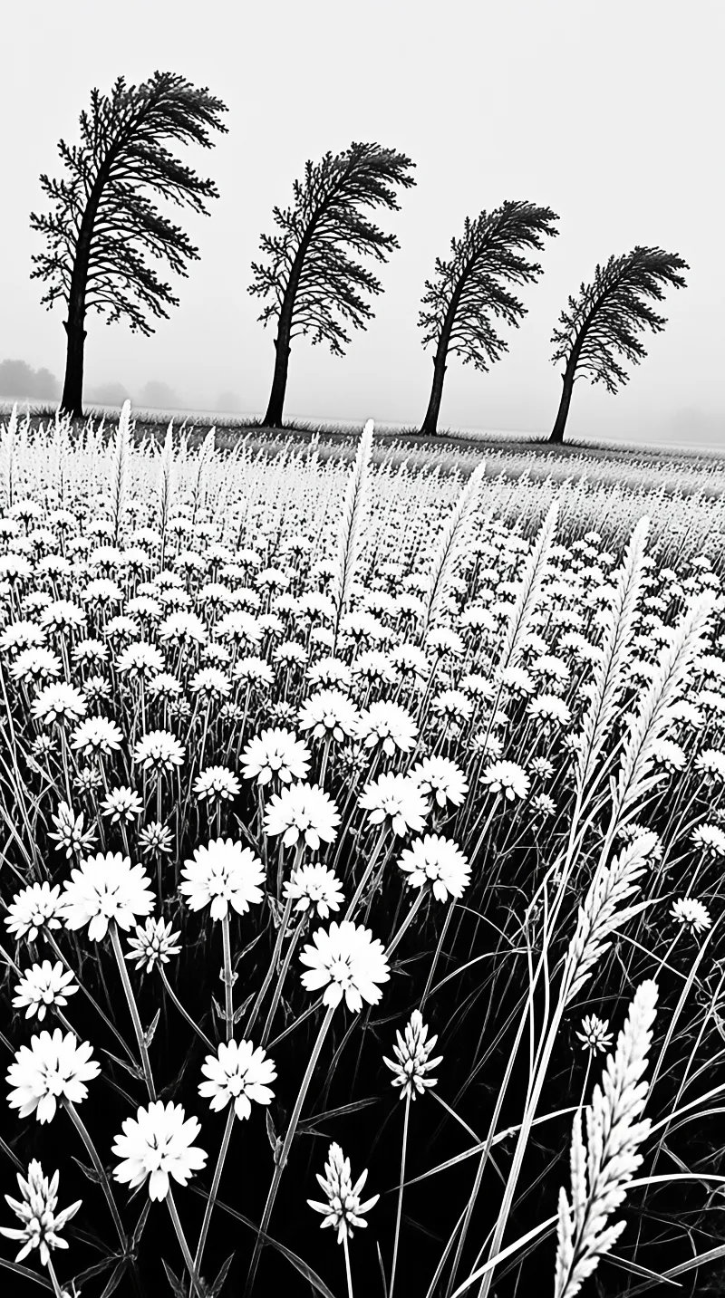 Monochrome view of a blooming meadow featuring tall grass and four trees leaning right against the sky.