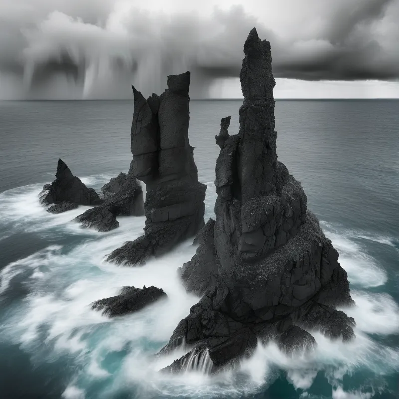 Dark jagged rock formations stand tall in a rough ocean surrounded by thick white sea foam and heavy grey clouds.