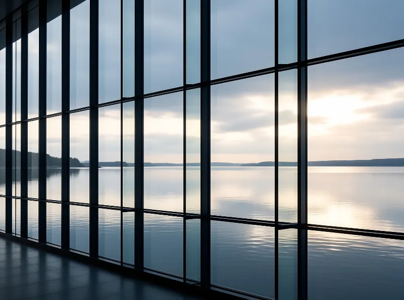 A grid of dark window mullions frames a placid lake and low hills glowing in the last light of dusk.