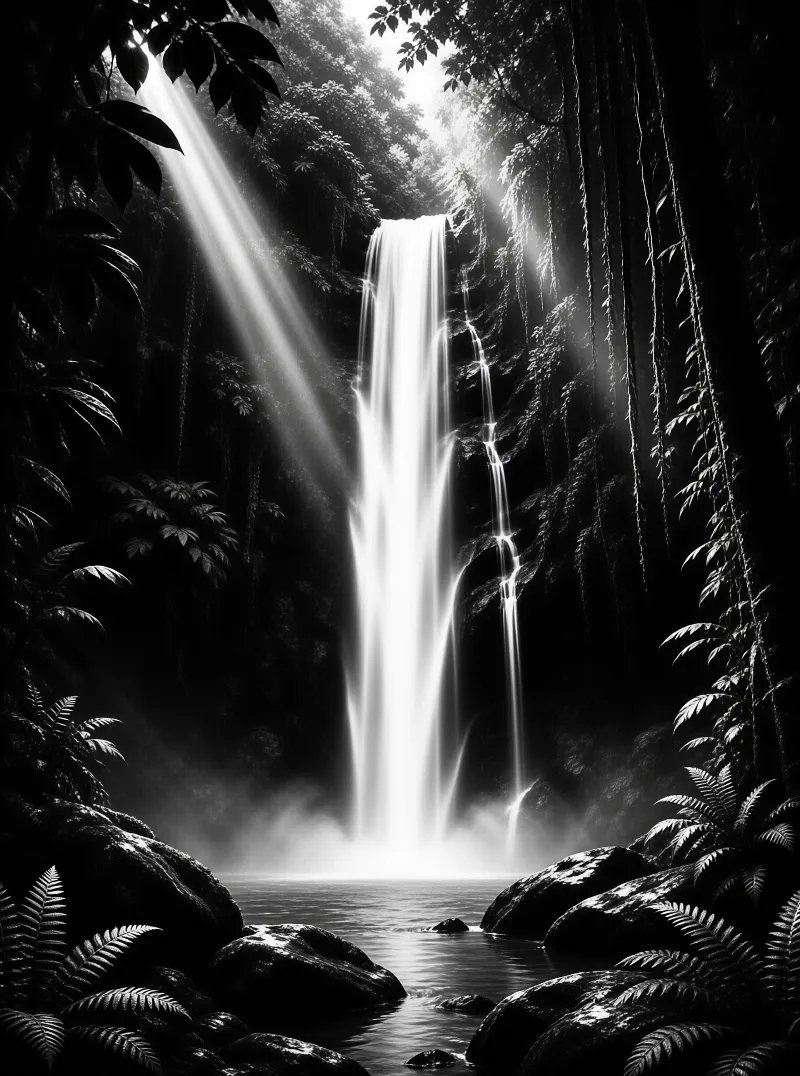 A white waterfall cascades through a dark jungle with bright sunbeams cutting through the mist