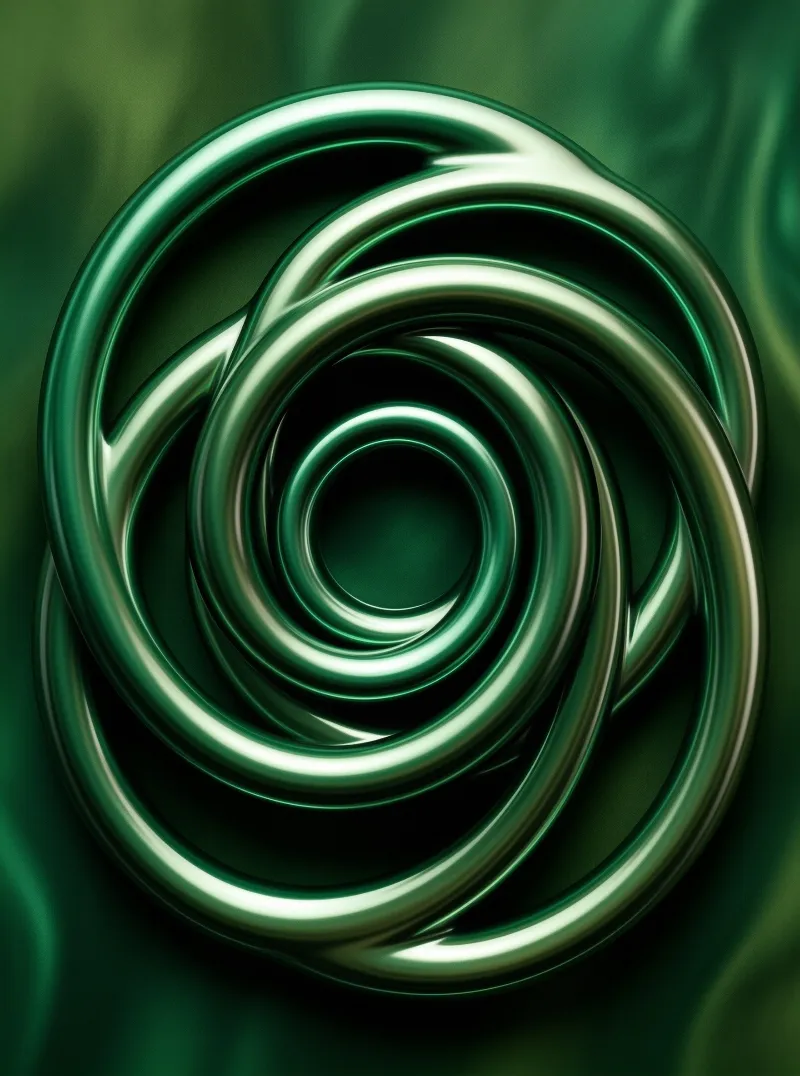 A polished green metal spiral winds inward with bright specular highlights against a blurred backdrop.