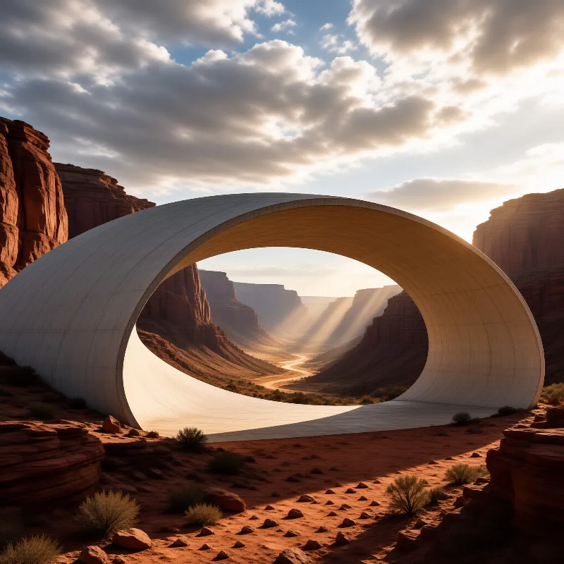 A large white arch stands in a red rock canyon with beams of sunlight shining through the landscape.