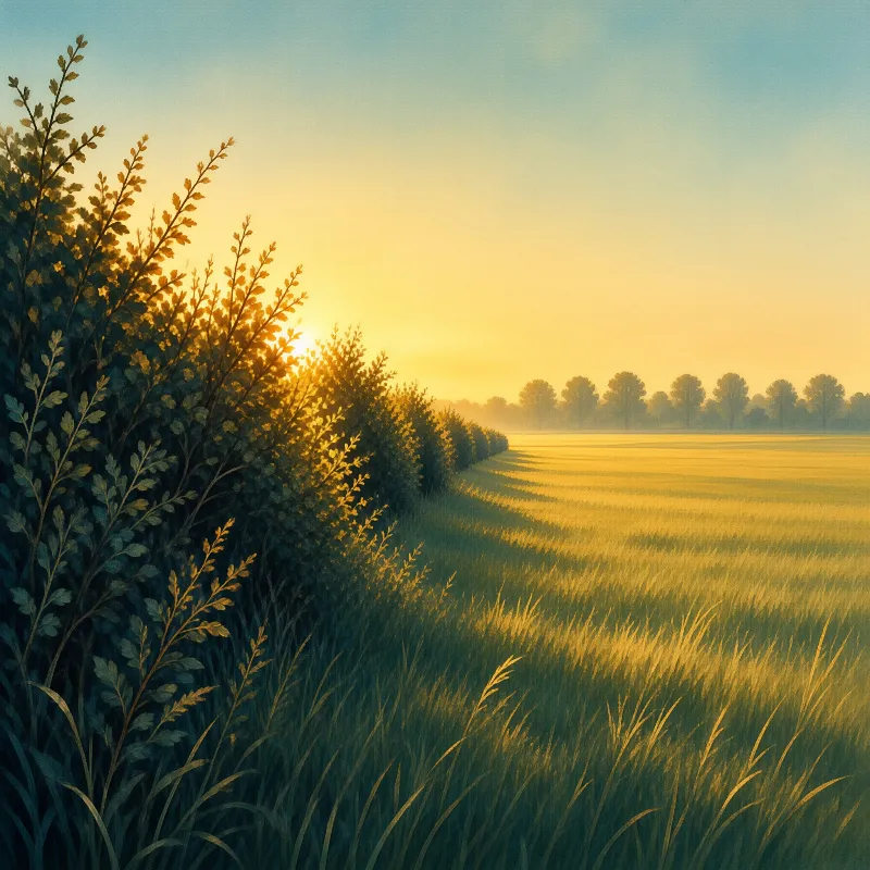 Sunlight bursts through a leafy hedge as long grass and wheat glow amber beneath a pale morning sky.