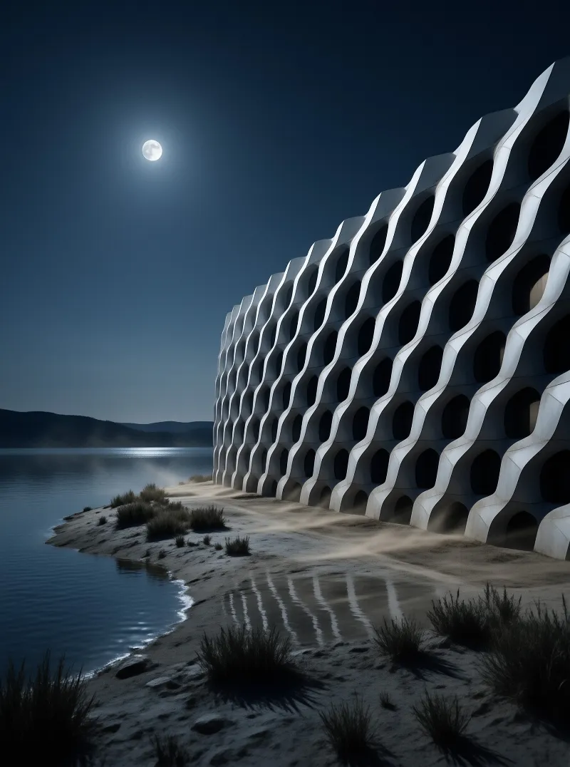A massive curved building featuring dark circular windows stands on a sandy bank next to a lake under a full moon.