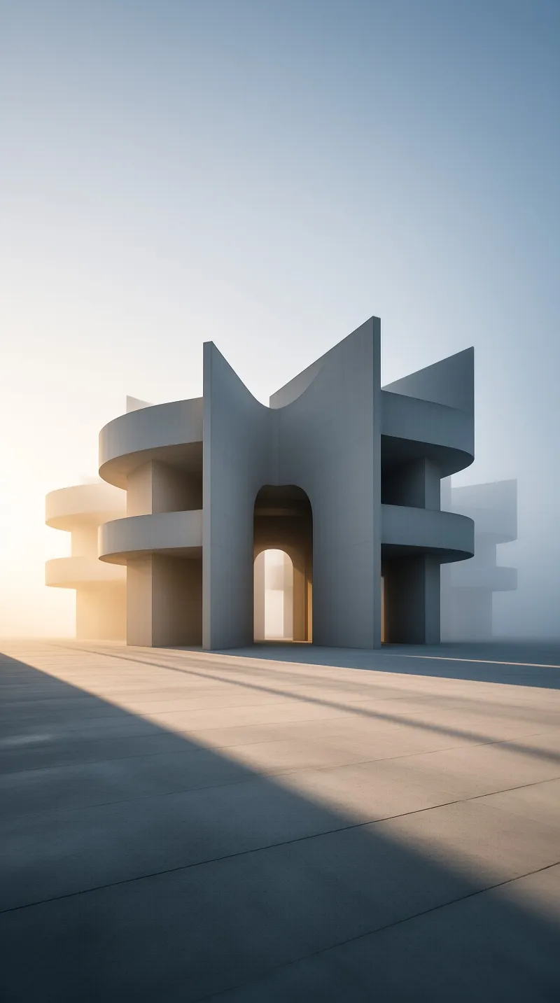 A grey monolithic building stands on a wide tiled plaza, its arched entry and curved shapes glowing in warm dawn light.