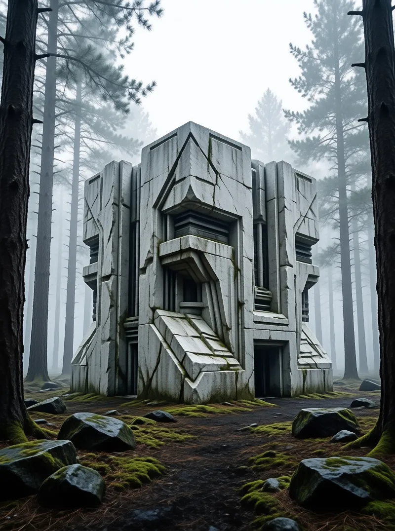 A weathered concrete building stands among tall foggy pine trees surrounded by mossy rocks.