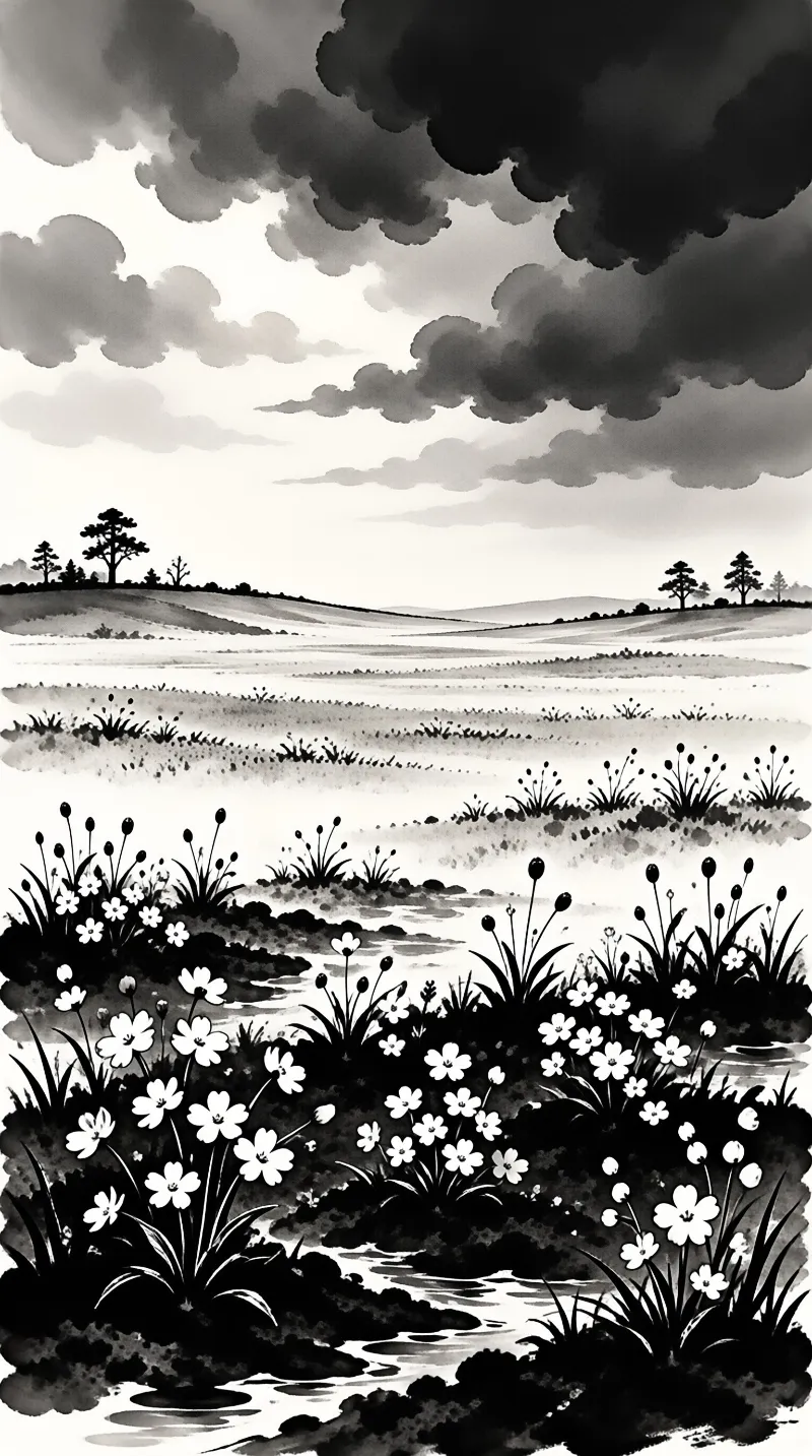 White wildflowers and dark brush strokes frame a pale valley of rolling hills beneath layered grey monsoon cloud.