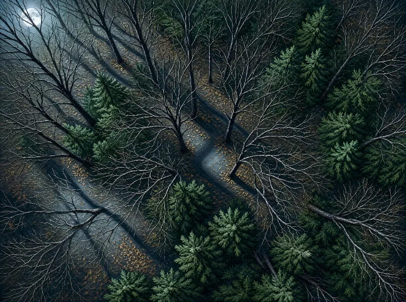 An aerial view of a forest with bare deciduous trees, evergreen trees, a winding path, and misty light creating long shadows