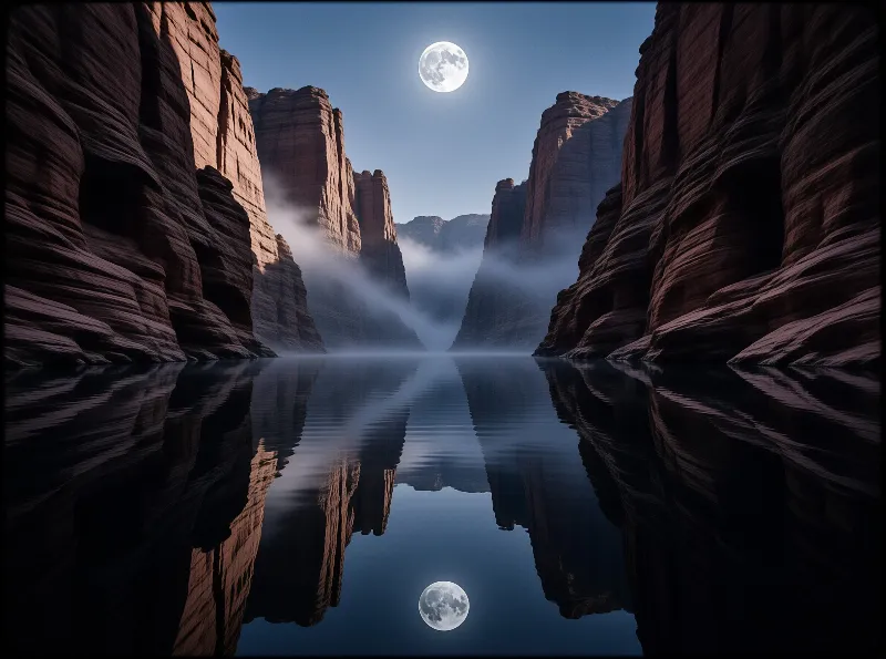 Tall red rock canyon walls rise on either side of a calm body of water that perfectly mirrors the full moon and surrounding cliffs under a dark blue sky.