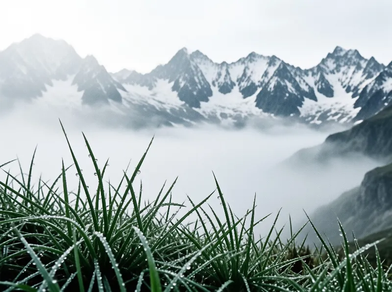 Drops of morning dew cling to blades of green grass while snowy peaks rise beyond a misty valley.