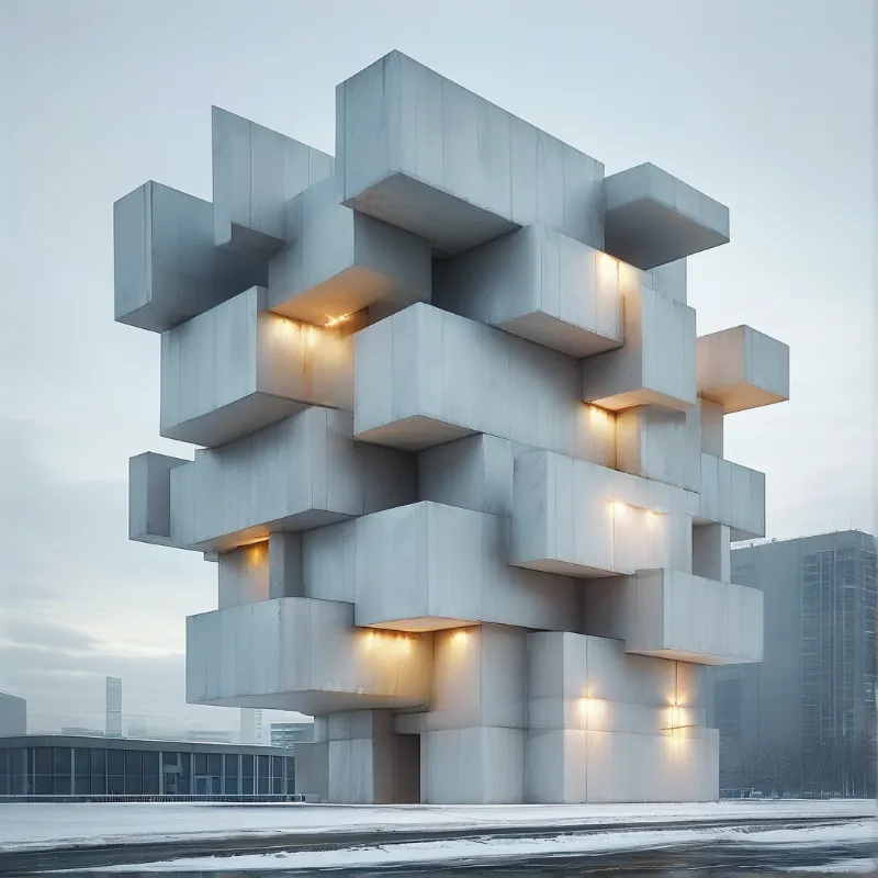 Stacked concrete blocks form a tall tower with warm underlighting on a snowy plaza near distant city buildings.