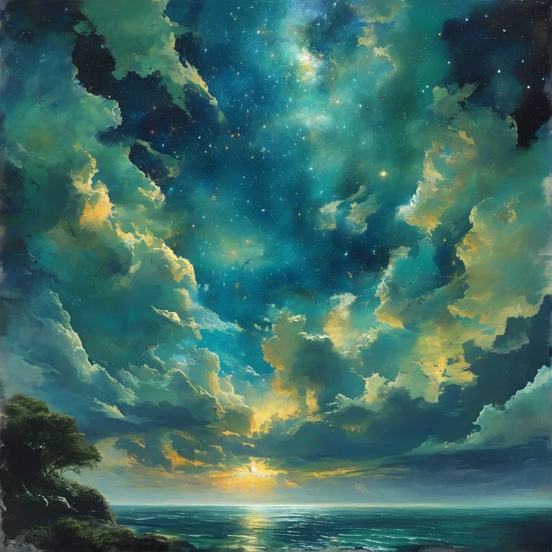 Teal storm clouds swirl with glowing stars as the sun breaks through above a calm ocean beside a dark cliff
