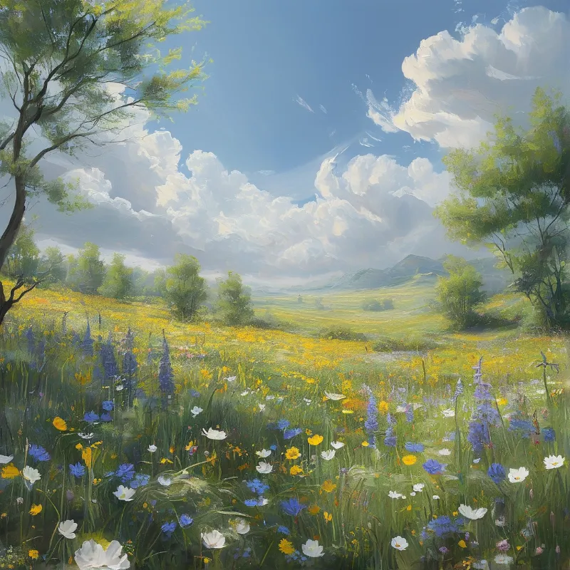 Vibrant wildflowers cover a green meadow beneath a blue sky filled with large fluffy white clouds.
