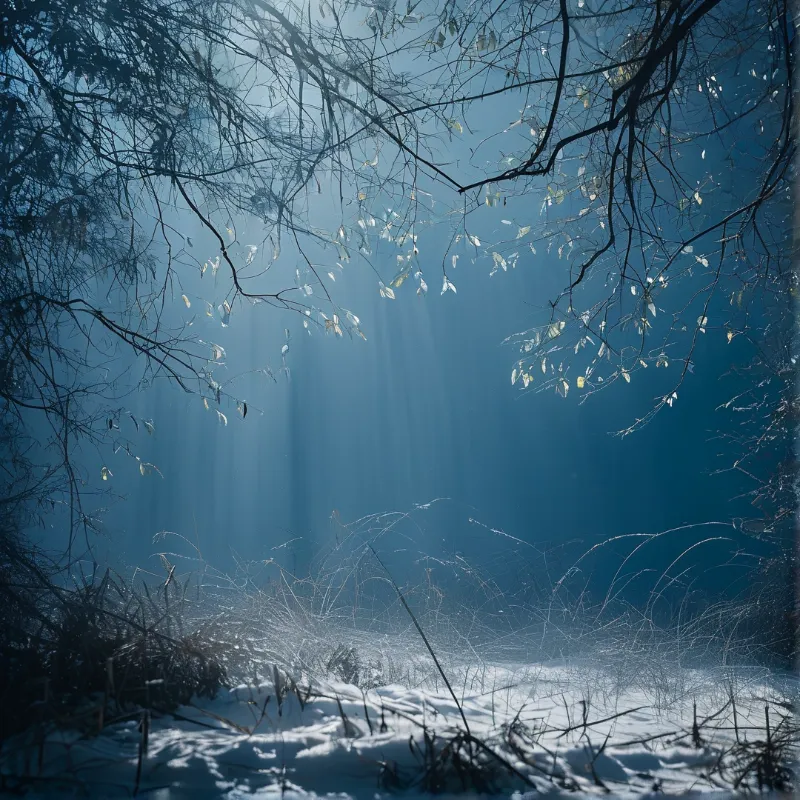 Frosted grasses cover a snowy winter woodland floor, framed by leafless branches as pale blue sunbeams cut through the trees.