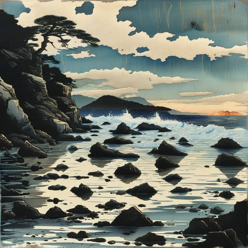 Stylized coastal scene with dark rocks and white waves crashing near a cliffside pine tree under a cloudy sky.