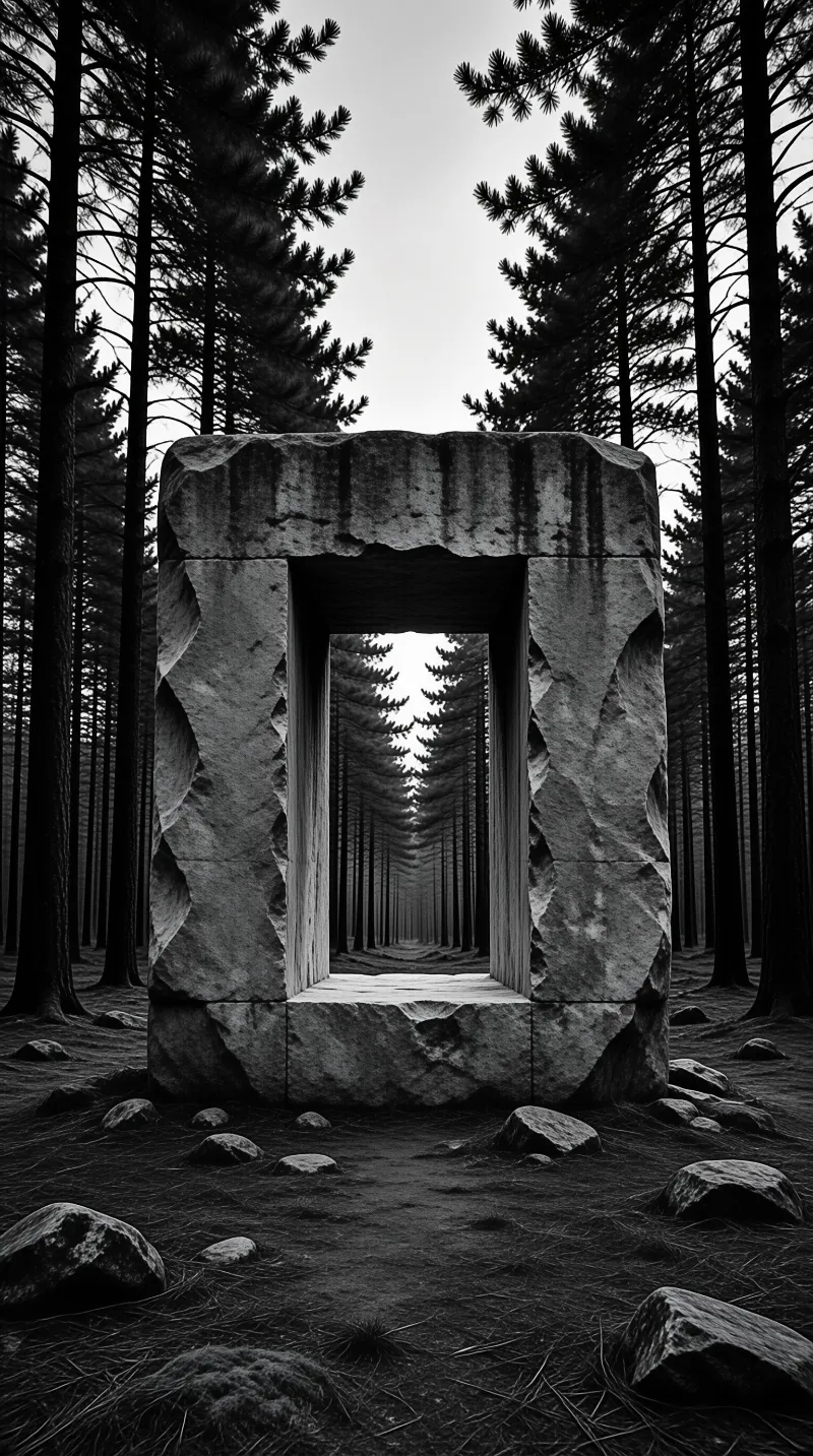 A rough monolithic stone frame stands among tall pines, echoing the tree-lined path through its opening.