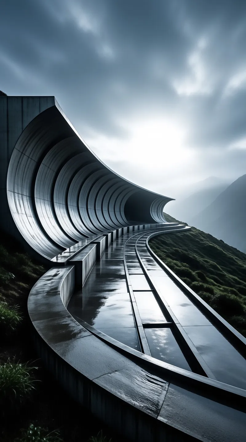 A futuristic architectural structure winds along a grassy hillside with rain-slicked surfaces reflecting the cloudy sky.