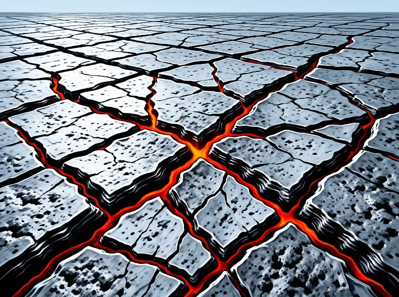 A vast expanse of cracked grey earth reveals bright orange magma flowing within deep fissures.