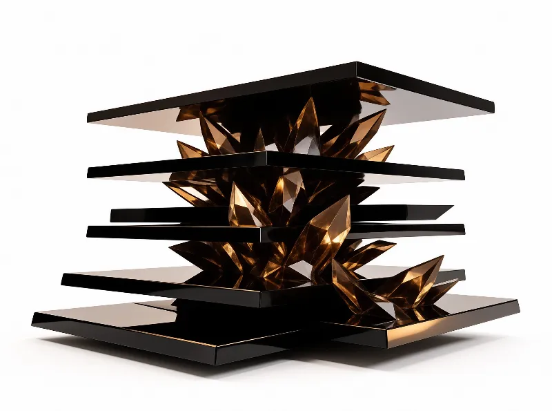 A dramatic 3D sculpture shows sharp amber crystals bursting through layers of polished black glass