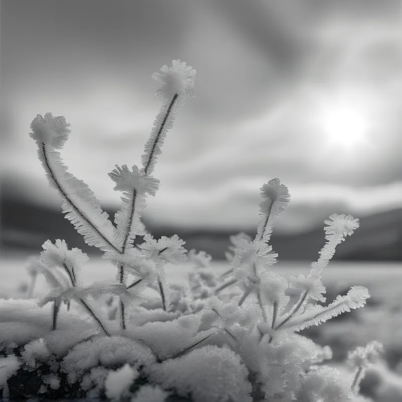 Frosted grass stalks glisten under a bright sun in a snow-covered field with distant mountains