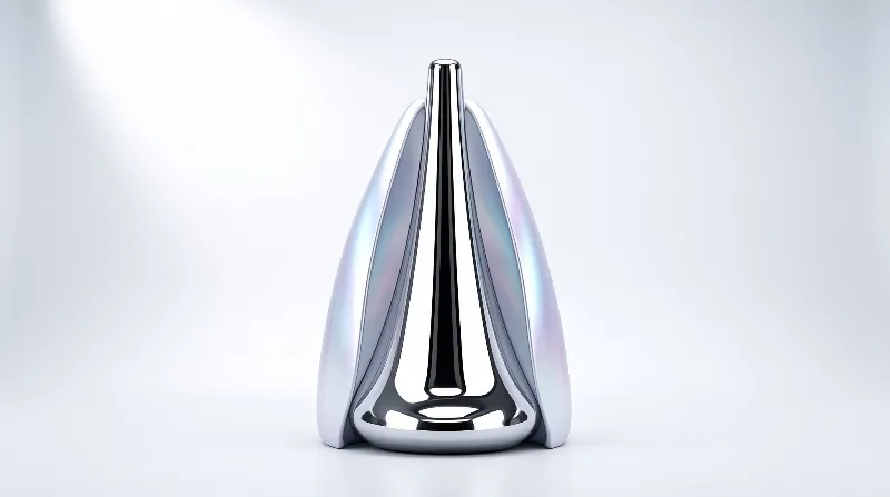 Polished pear shaped chrome sculpture with iridescent edges sits centered on a bright seamless white studio background