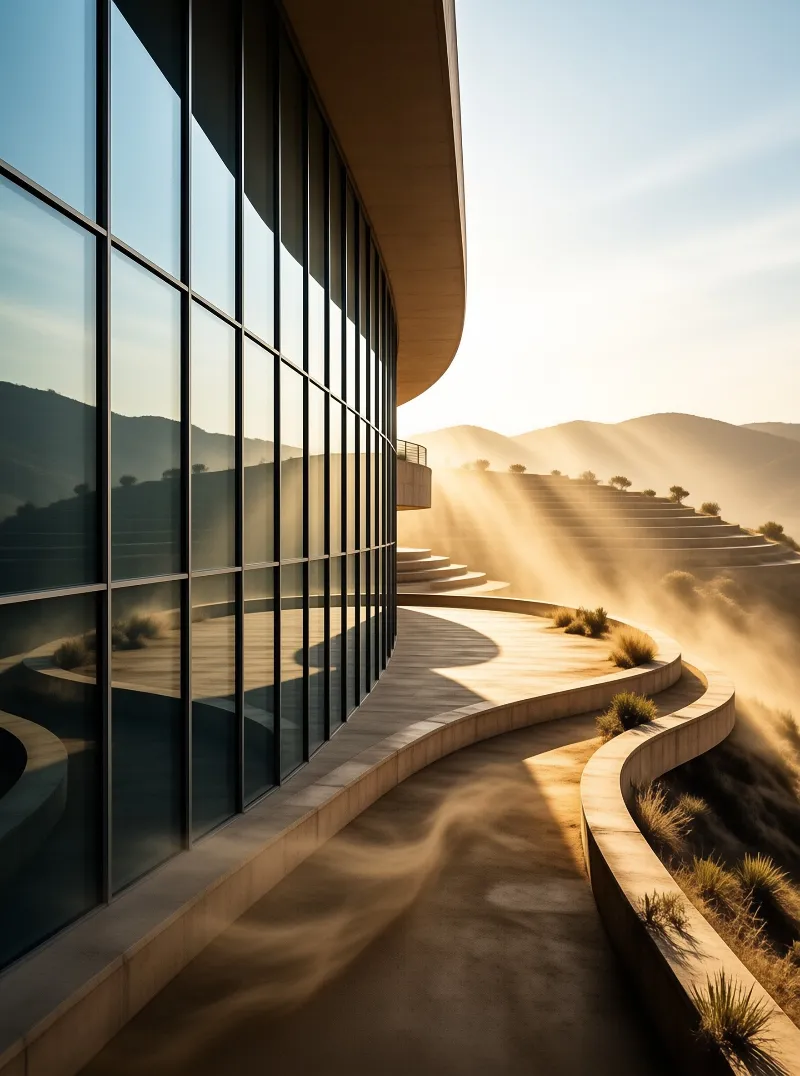 A curved glass building stands beside a winding concrete path leading to misty hills bathed in golden sunbeams.