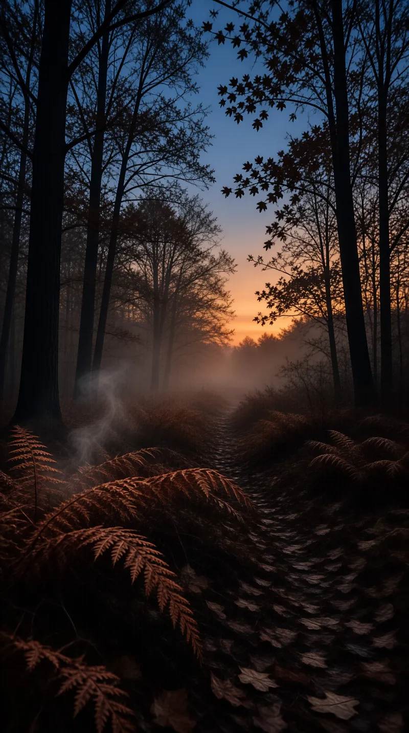 A misty forest trail curves between tall dark trees towards an orange sunrise visible through the fog.