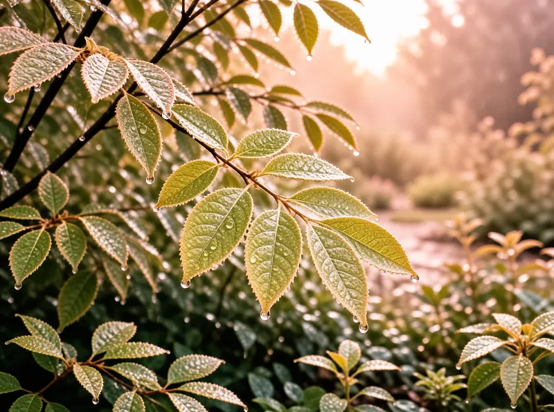 Close up of green tea leaves covered in water droplets with warm sunlight shining through the blurred background foliage.