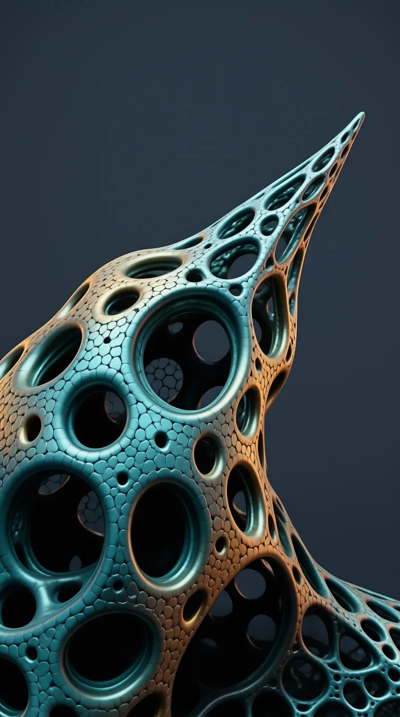 A teal and copper porous cone with circular holes extends upward against a deep blue background with warm highlights.