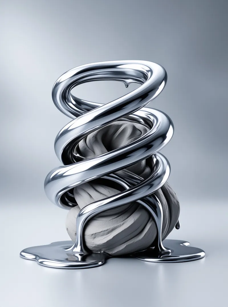 A shiny metallic spiral wraps around a soft grey mass on a reflective surface under even studio lighting.