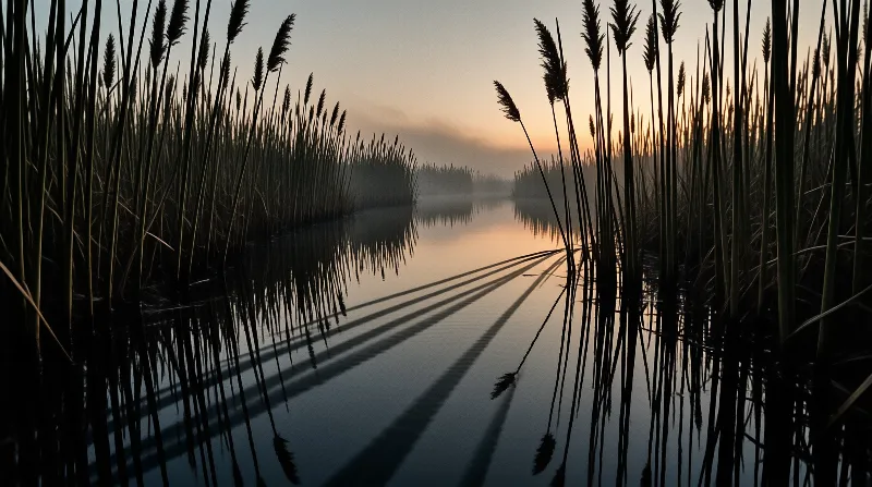 Tall dark reeds line a calm misty waterway reflecting the soft orange and blue hues of a sunrise sky in the distance.