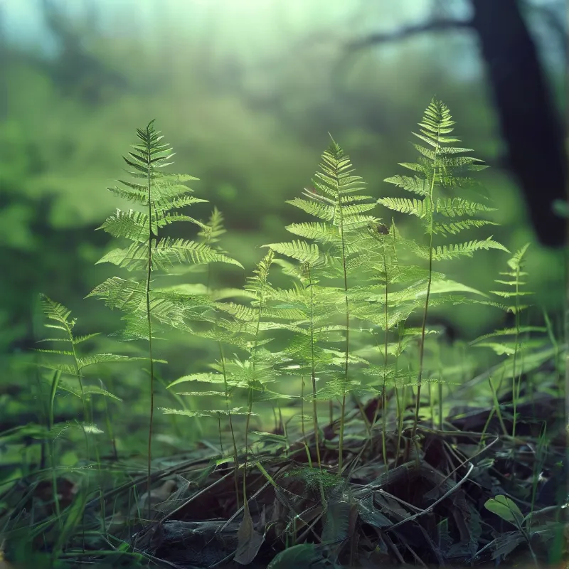 Vibrant green ferns rise from dark leaf litter as sun filters through the blurred woodland background.